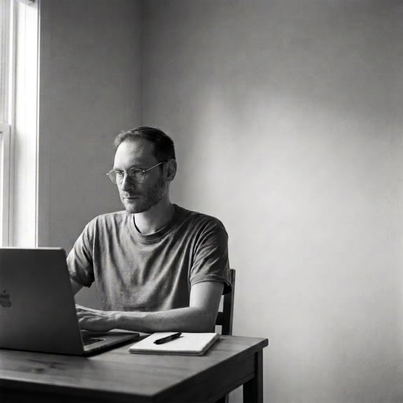 Joshua Brueckner working at a laptop, black and white portrait