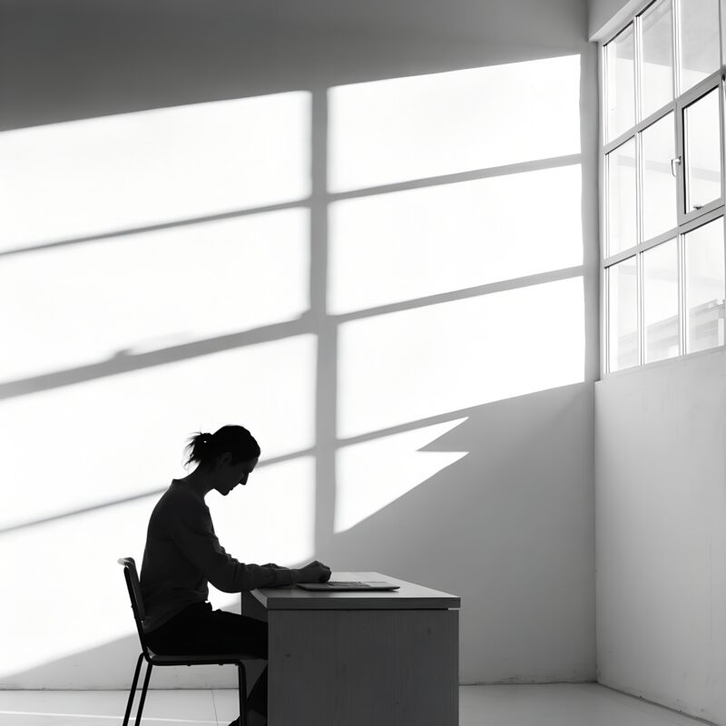 Operator working quietly at a desk in a bright studio